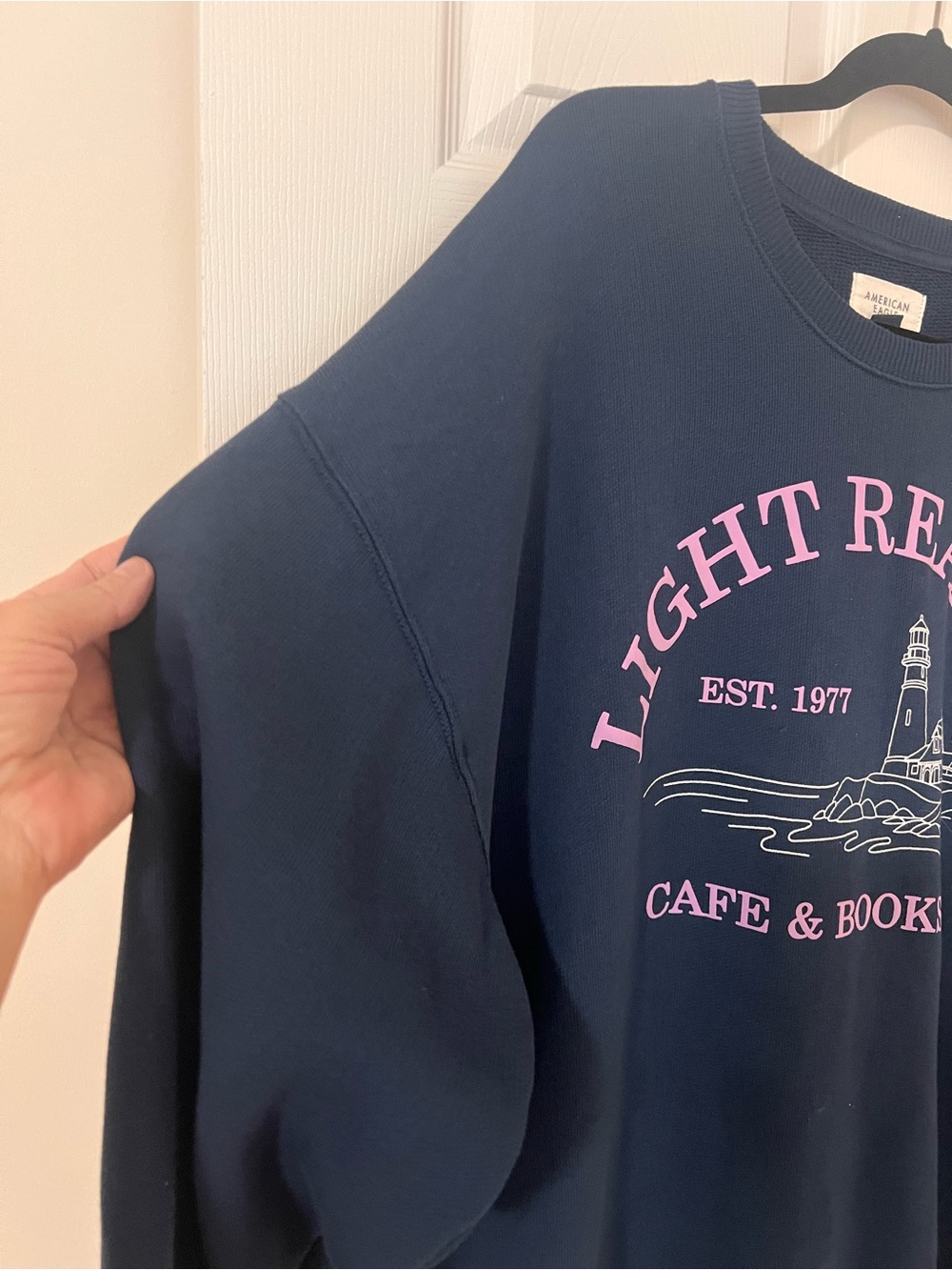 American Eagle Outfitters Navy Crewneck Sweatshirt with Pink Lettering - Picture 5 of 9